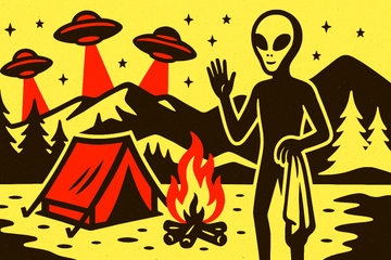 A stylized image of an alien holding a towel on a camping trip