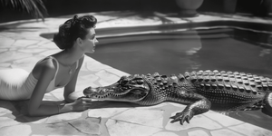 Just a woman lying by the pool with her pet croc!