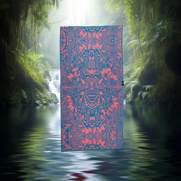 Patterned towel with red and blue design in a forest setting