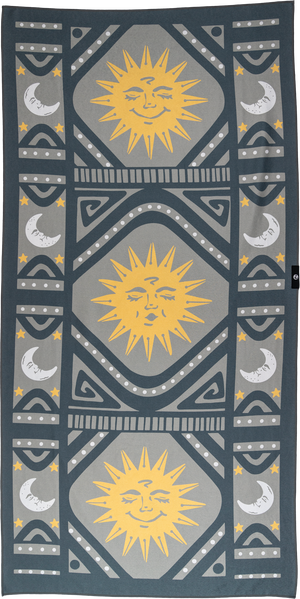 A towel featuring a celestial-themed design with yellow suns radiating rays and white crescent moons with stars. The center has large, smiling suns, while the sides are adorned with moons. Geometric patterns in gray and dark teal frame the design, adding intricate details. The towel’s symmetrical layout and dotted accents create a playful and artistic vibe, inspired by cosmic imagery with a modern, vintage feel.