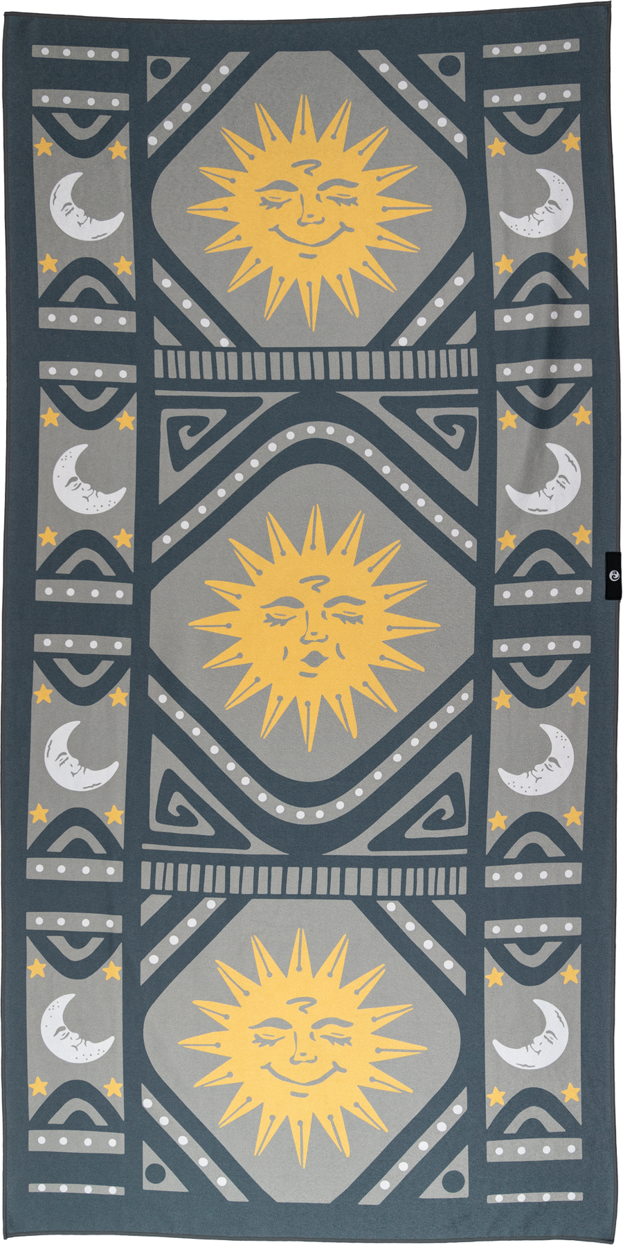 A towel featuring a celestial-themed design with yellow suns radiating rays and white crescent moons with stars. The center has large, smiling suns, while the sides are adorned with moons. Geometric patterns in gray and dark teal frame the design, adding intricate details. The towel’s symmetrical layout and dotted accents create a playful and artistic vibe, inspired by cosmic imagery with a modern, vintage feel.