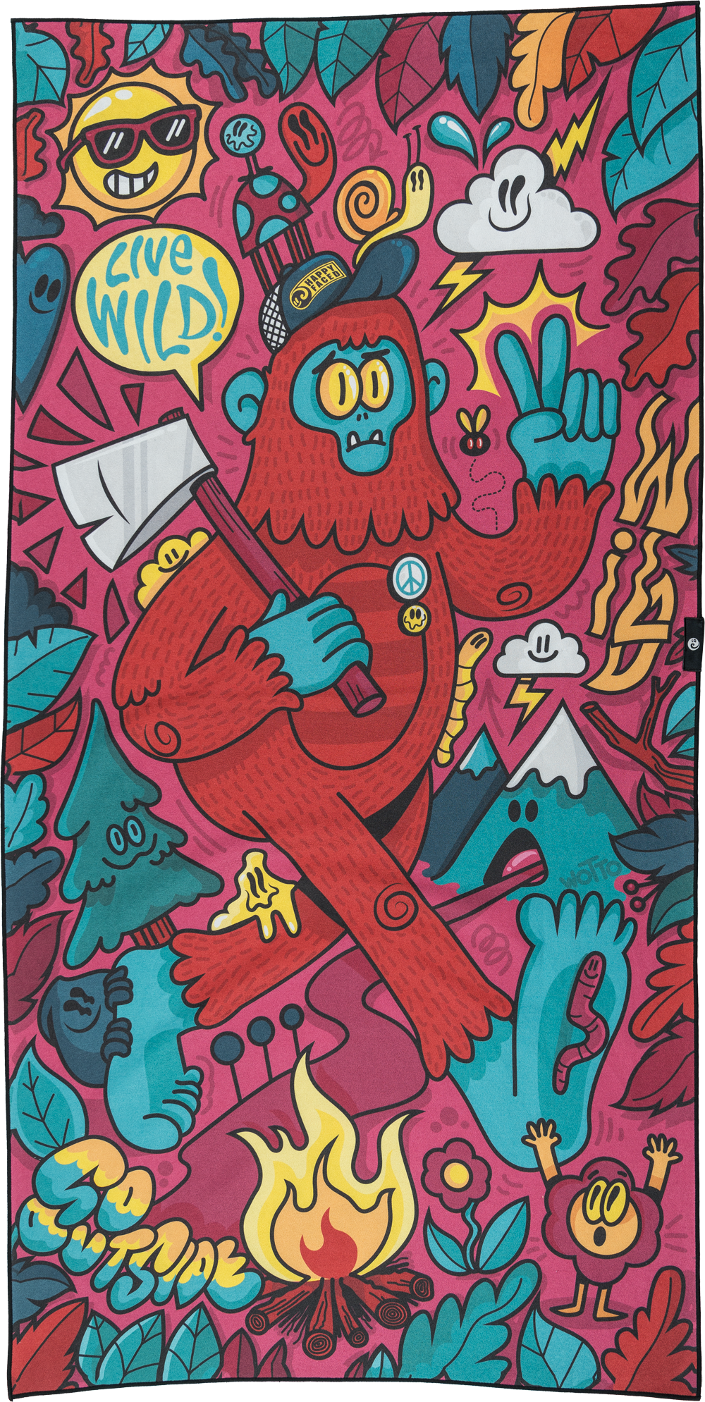 A colorful beach towel with a whimsical design featuring a Bigfoot character surrounded by nature elements, such as trees and mountains.
