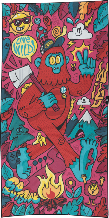 A colorful beach towel with a whimsical design featuring a Bigfoot character surrounded by nature elements, such as trees and mountains.
