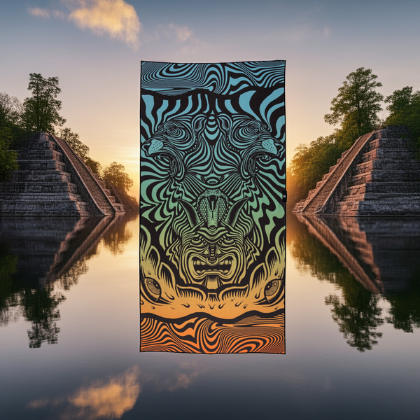 Towel with a tiger design in front of ancient pyramid ruins during sunset.