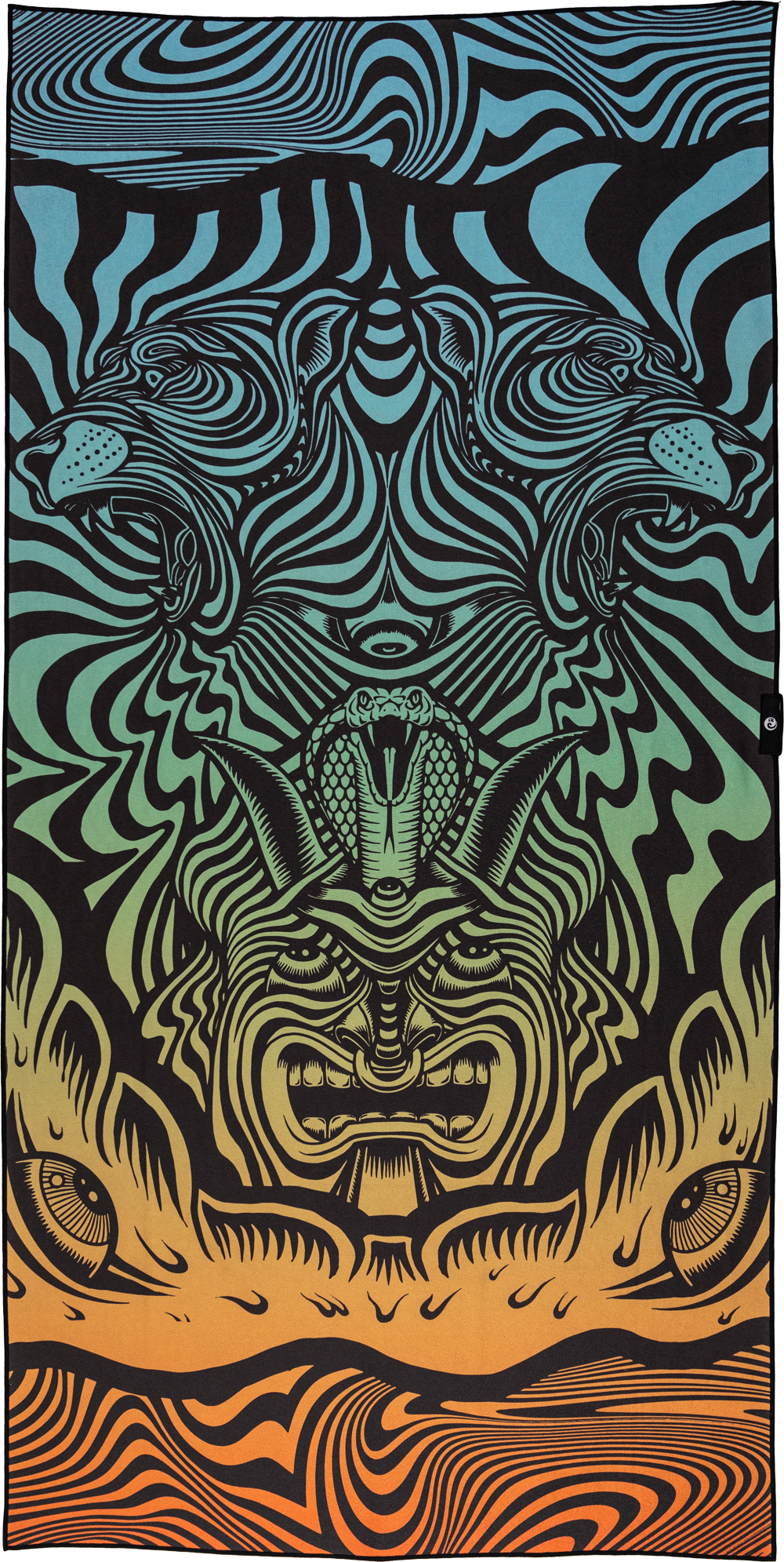 A vibrant towel design featuring psychedelic, black-striped tigers and hypnotic patterns. At the center, a cobra rises above a fierce, stylized face, flanked by bold swirling shapes. The gradient background transitions from deep blue to bright orange, adding intensity to the wild, surreal visuals. Two abstract eye-like designs anchor the bottom, enhancing the towel’s trippy, energetic vibe.
