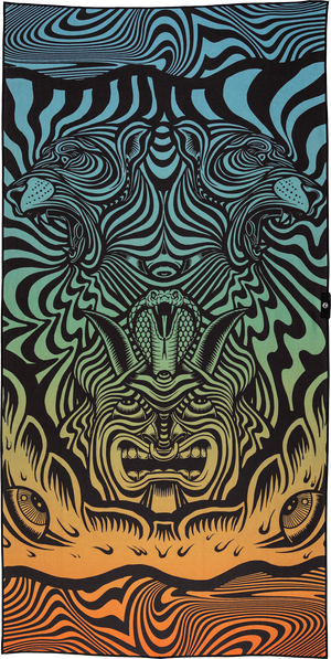 A vibrant towel design featuring psychedelic, black-striped tigers and hypnotic patterns. At the center, a cobra rises above a fierce, stylized face, flanked by bold swirling shapes. The gradient background transitions from deep blue to bright orange, adding intensity to the wild, surreal visuals. Two abstract eye-like designs anchor the bottom, enhancing the towel’s trippy, energetic vibe.