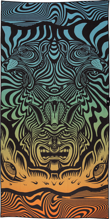 A vibrant towel design featuring psychedelic, black-striped tigers and hypnotic patterns. At the center, a cobra rises above a fierce, stylized face, flanked by bold swirling shapes. The gradient background transitions from deep blue to bright orange, adding intensity to the wild, surreal visuals. Two abstract eye-like designs anchor the bottom, enhancing the towel’s trippy, energetic vibe.