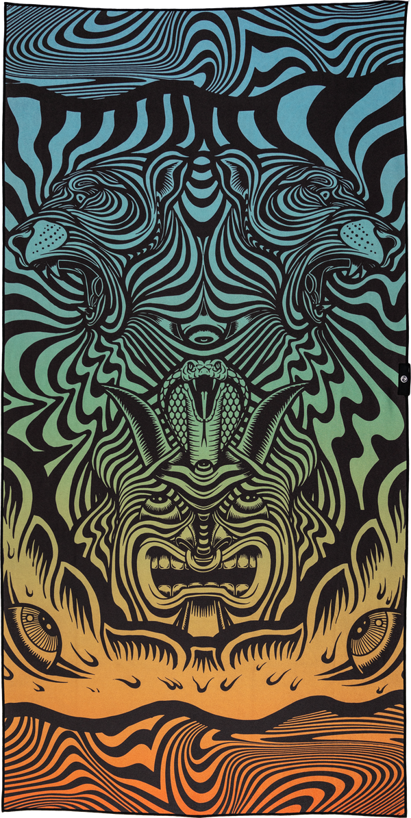 A vibrant towel design featuring psychedelic, black-striped tigers and hypnotic patterns. At the center, a cobra rises above a fierce, stylized face, flanked by bold swirling shapes. The gradient background transitions from deep blue to bright orange, adding intensity to the wild, surreal visuals. Two abstract eye-like designs anchor the bottom, enhancing the towel’s trippy, energetic vibe.