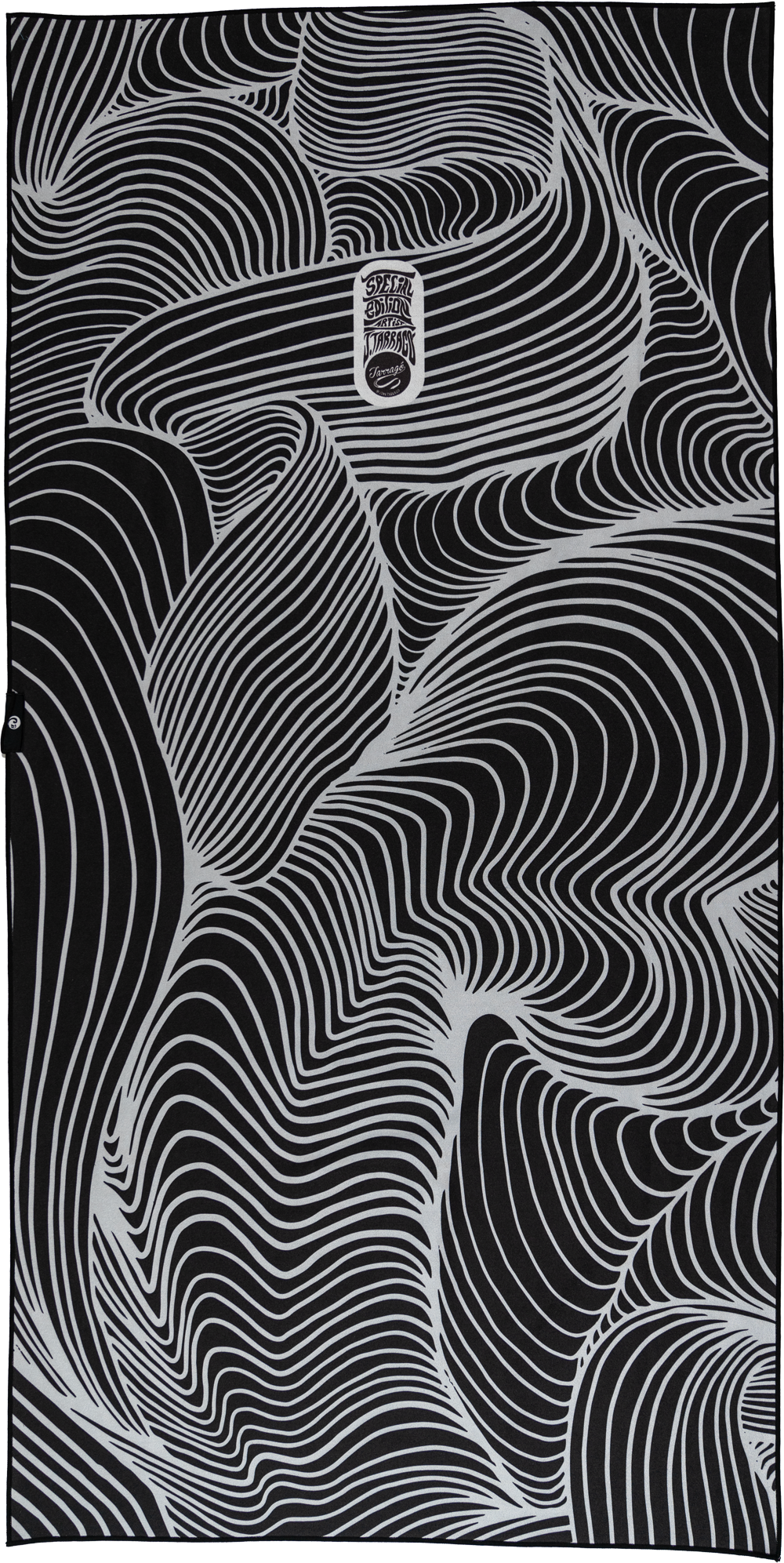 A towel with a black and white design featuring flowing, abstract lines that create a hypnotic, wave-like pattern across the entire surface. The organic curves interweave, creating a mesmerizing effect. At the center, there is a small, oval emblem that reads "Special Edition Artist Series" in stylized text. The overall aesthetic is bold, minimalistic, and visually dynamic, giving the towel a modern, artistic appeal.