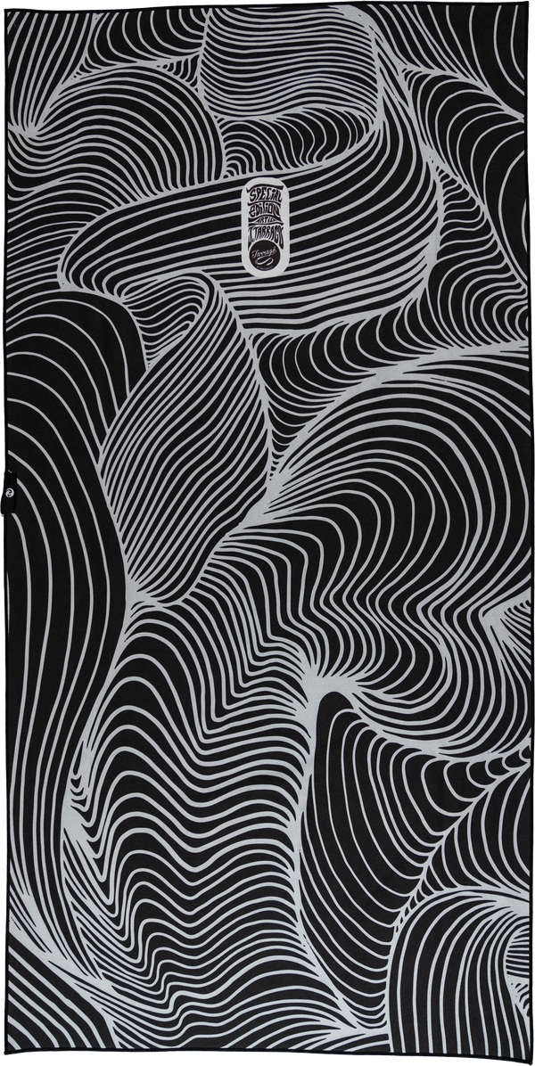 A towel with a black and white design featuring flowing, abstract lines that create a hypnotic, wave-like pattern across the entire surface. The organic curves interweave, creating a mesmerizing effect. At the center, there is a small, oval emblem that reads "Special Edition Artist Series" in stylized text. The overall aesthetic is bold, minimalistic, and visually dynamic, giving the towel a modern, artistic appeal.