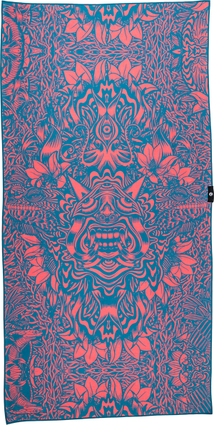 A towel with a bold and intricate design in coral and teal. The pattern features detailed, symmetrical illustrations of fantastical creatures, plants, and abstract elements, creating a dynamic and psychedelic visual effect. The central figure appears to be a grinning face with exaggerated features, surrounded by swirling lines, animal heads, and floral motifs. The coral outlines contrast sharply with the teal background, giving the towel a vibrant and energetic feel.