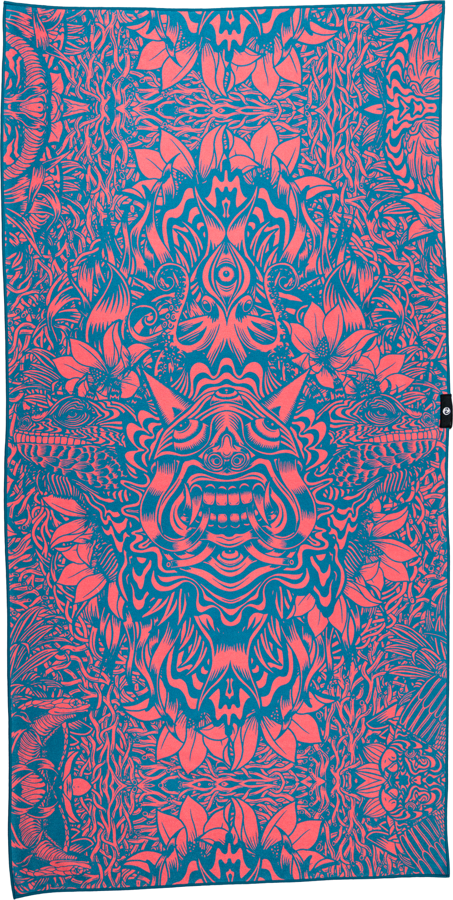 A towel with a bold and intricate design in coral and teal. The pattern features detailed, symmetrical illustrations of fantastical creatures, plants, and abstract elements, creating a dynamic and psychedelic visual effect. The central figure appears to be a grinning face with exaggerated features, surrounded by swirling lines, animal heads, and floral motifs. The coral outlines contrast sharply with the teal background, giving the towel a vibrant and energetic feel.