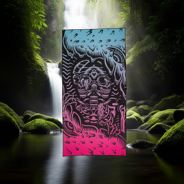 Colorful towel with a graphic design in a natural setting with a waterfall
