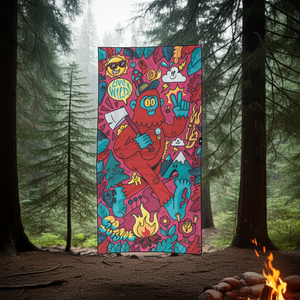 Colorful towel with cartoon bigfoot and woodland creatures design in a forest setting