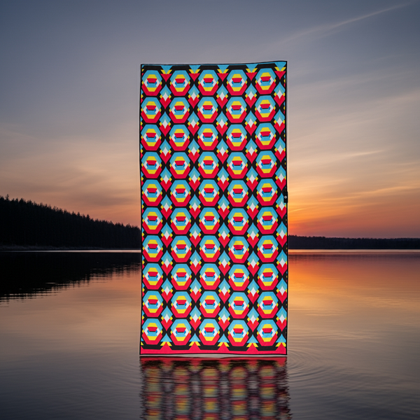 The Happy Faced Towel - Just One More - floating above a lake at sundown