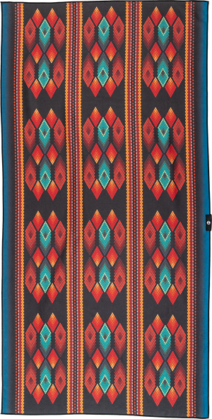 A towel with a bold geometric design featuring diamond patterns in vibrant shades of red, orange, and teal on a black background. The repeating diamond shapes are accentuated by smaller colorful details, creating a visually striking and dynamic look.