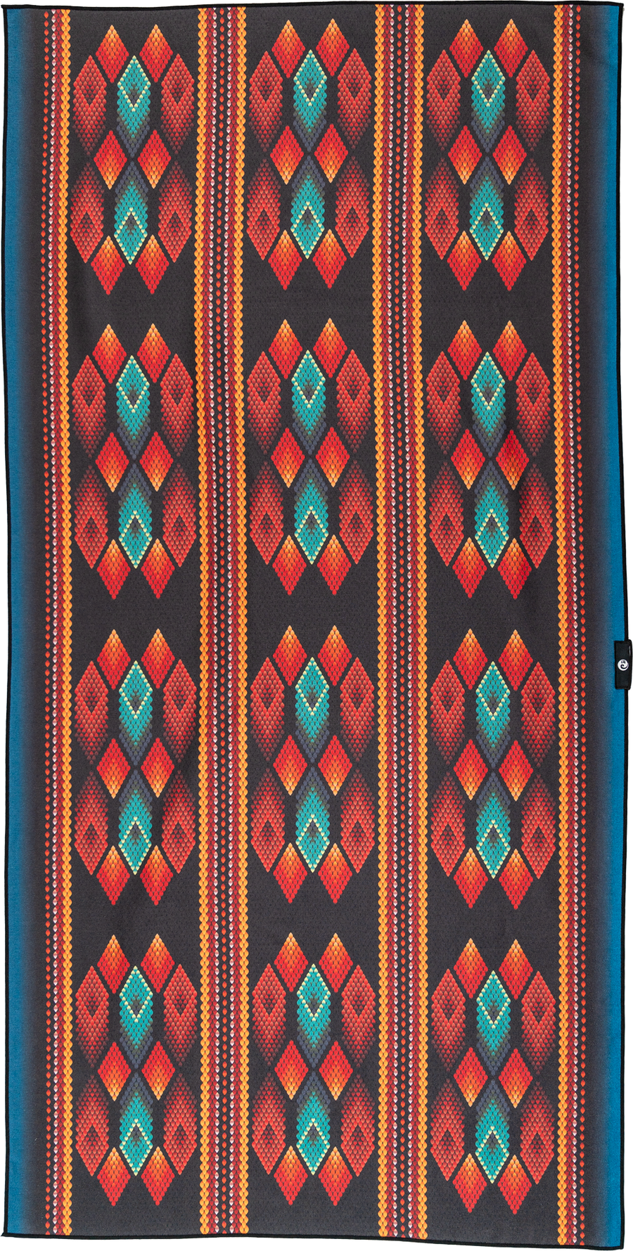 A towel with a bold geometric design featuring diamond patterns in vibrant shades of red, orange, and teal on a black background. The repeating diamond shapes are accentuated by smaller colorful details, creating a visually striking and dynamic look.