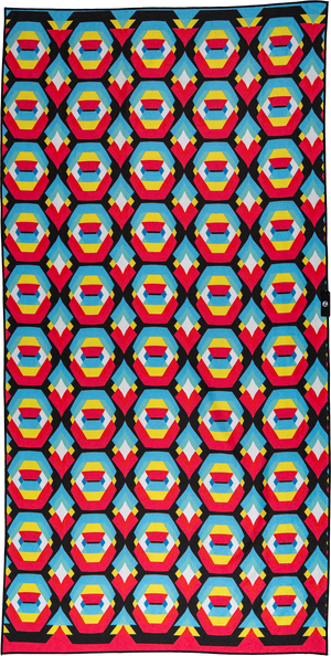 A colorful geometric towel featuring an eye-catching pattern of octagonal shapes in bright shades of blue, yellow, red, and black. The symmetrical design is bold and vibrant, perfect for standing out at the beach or pool.