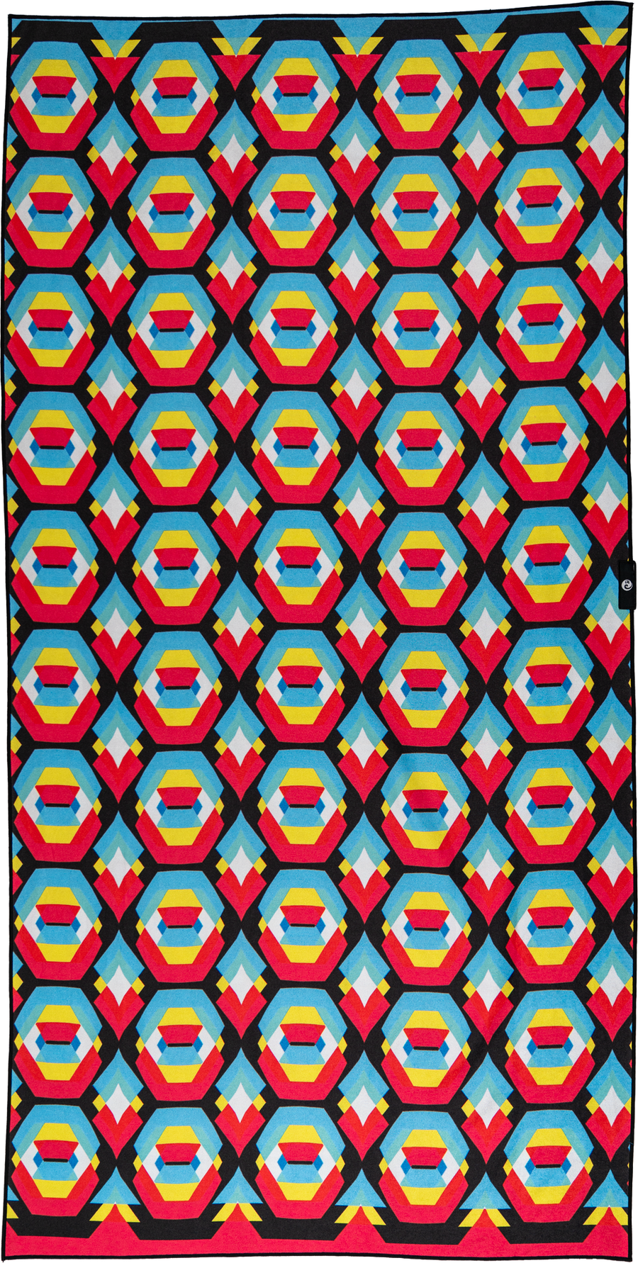 A colorful geometric towel featuring an eye-catching pattern of octagonal shapes in bright shades of blue, yellow, red, and black. The symmetrical design is bold and vibrant, perfect for standing out at the beach or pool.