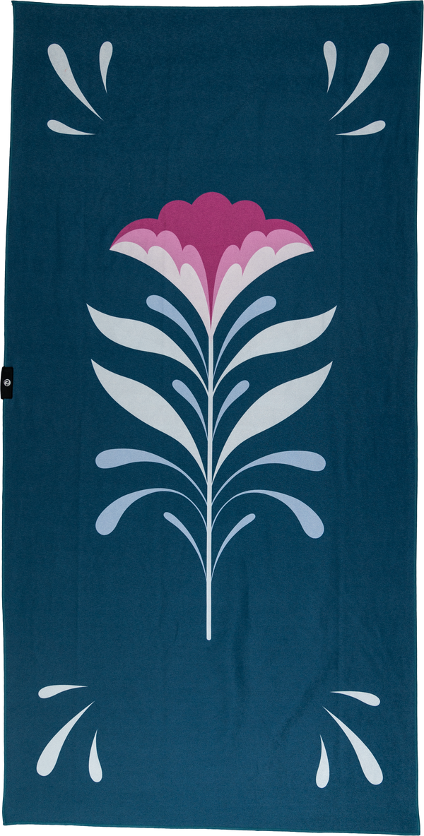 A simple and elegant towel featuring a large pink and white flower with water droplets on a dark teal background. The design radiates calm and relaxation.