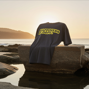 Grey t-shirt with 'HAPPINESS IS DOPE' text on a rock by the ocean at sunset