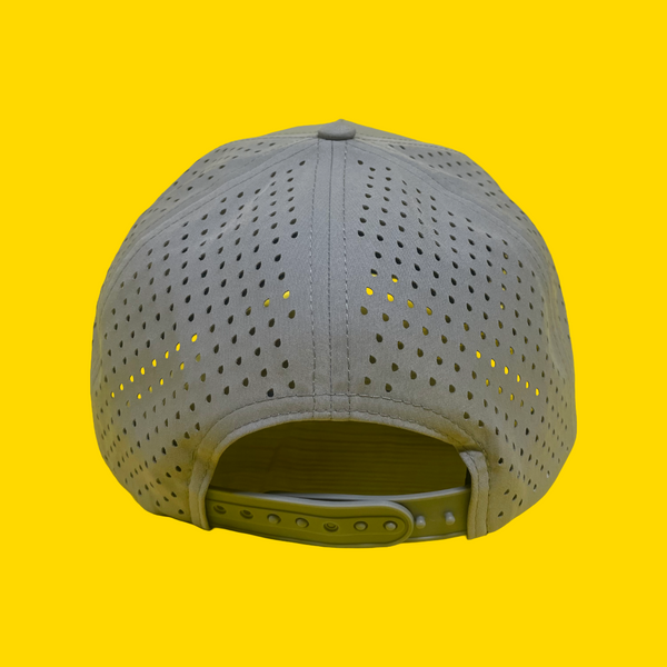 Back View of a gray perforated Happy 
Faced cap on a yellow background