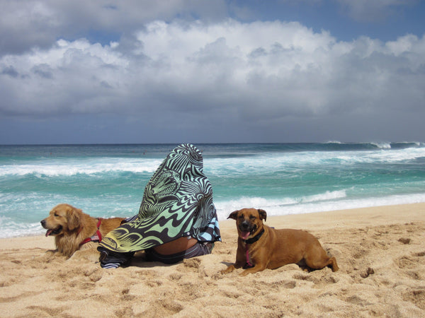 A man uses a Happy Faced Towel to sheild himself from the sun on the beach in Hawaii with his dogs