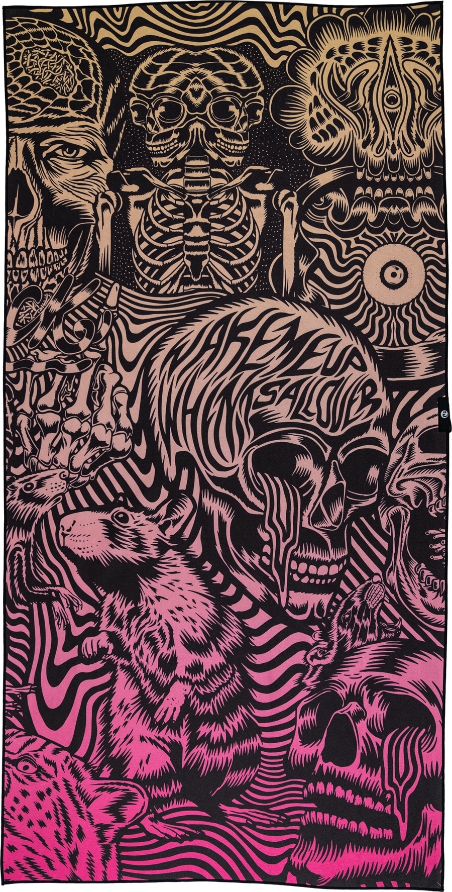 A beach towel with a geometric and artistic pattern featuring various designs including skulls and abstract shapes, predominantly in black and pink colors.
