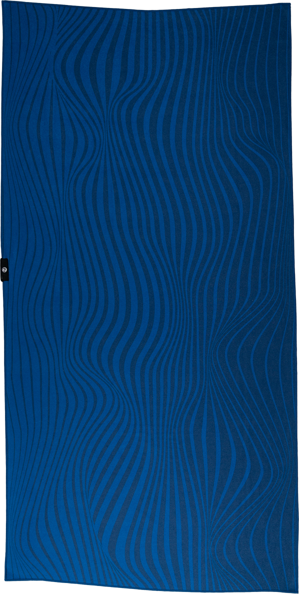 A blue towel featuring a minimalist design with wavy, dark blue lines flowing across the entire surface. The abstract pattern creates a sense of movement, resembling ripples or contours in nature. The design is simple yet elegant, with a focus on fluidity and subtle contrasts between the shades of blue. There are no additional graphic elements, giving the towel a clean and modern look.