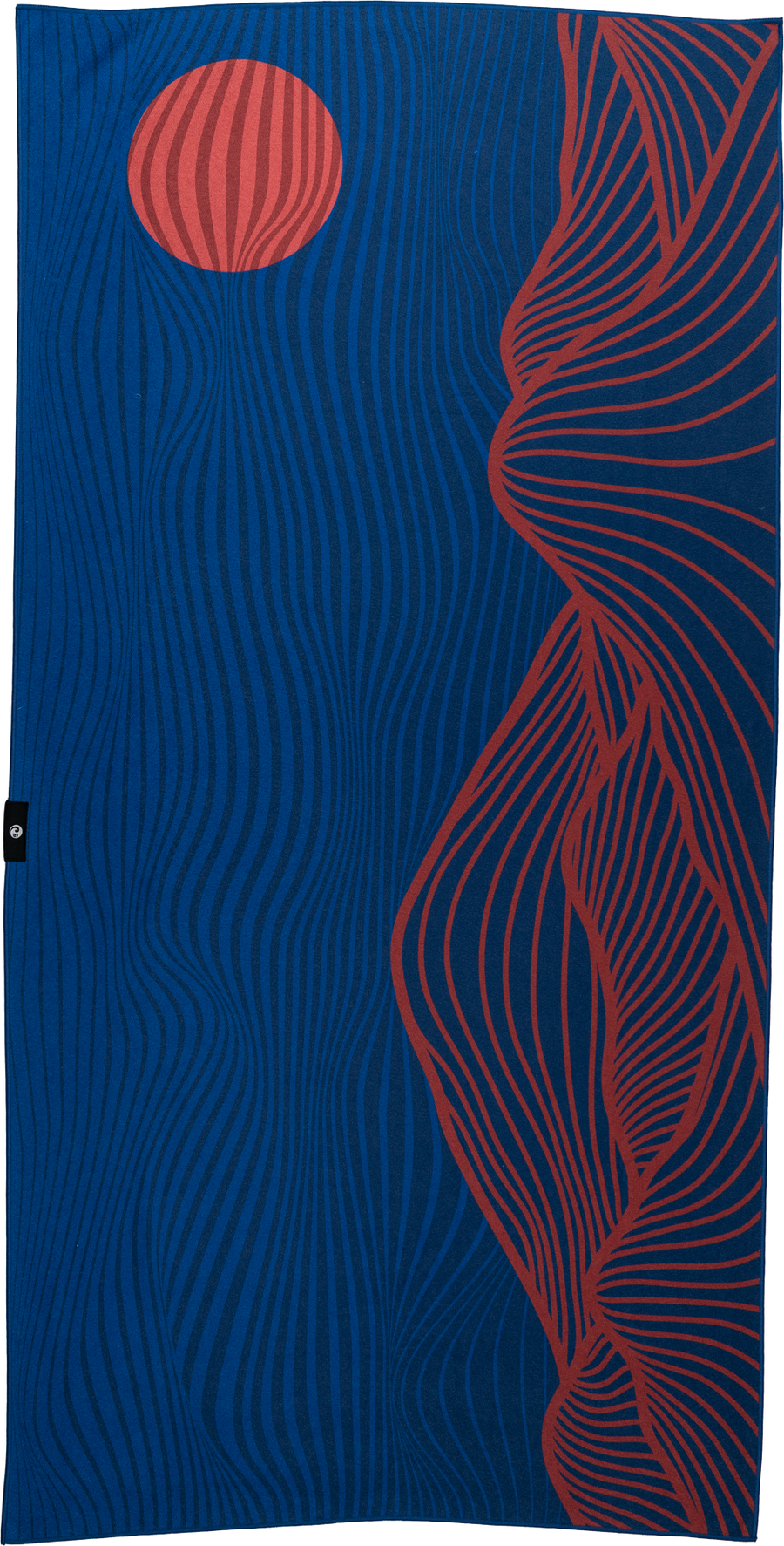 A blue towel featuring an abstract design with wavy, curved lines. The right side has red flowing lines resembling a mountainous or canyon-like shape, while the upper left corner displays a red circular shape with similar wavy lines, evoking the image of a setting sun. The overall design gives a sense of movement and natural elements, blending earthy and modern styles.