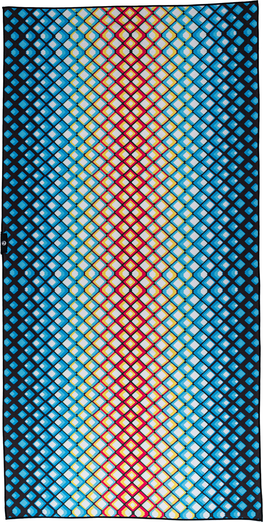 A multicolored geometric patterned towel displayed in a vertical orientation with a gradient of blue to red hues. towel by Happy Faced, Towels Made for Beach Yoga Travel and Adventure