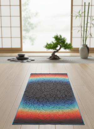 Colorful Happy Faced yoga towel on a wooden floor with a blurred zen background