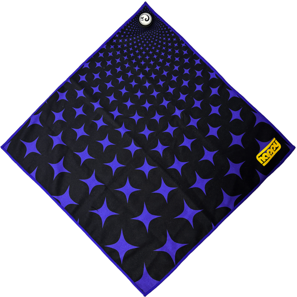 Purple and black patterned Skateboarding towel with a Happy Faced logo transparent background