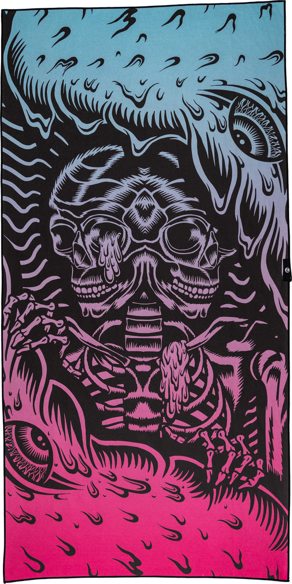 A towel featuring a striking dual-colored design with a blue-to-pink gradient. The artwork depicts a skeleton, with melting features and skeletal hands rising from the bottom. The background includes large, eerie eyes and flowing lines, adding to the surreal and psychedelic aesthetic. The graphic blends bold black lines and intricate details with the gradient, creating a dynamic, otherworldly vibe.