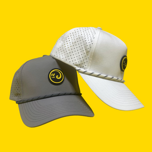 Two Happy Faced Rope caps, one gray and one white, on a yellow background. Great for Golf and Beach Days