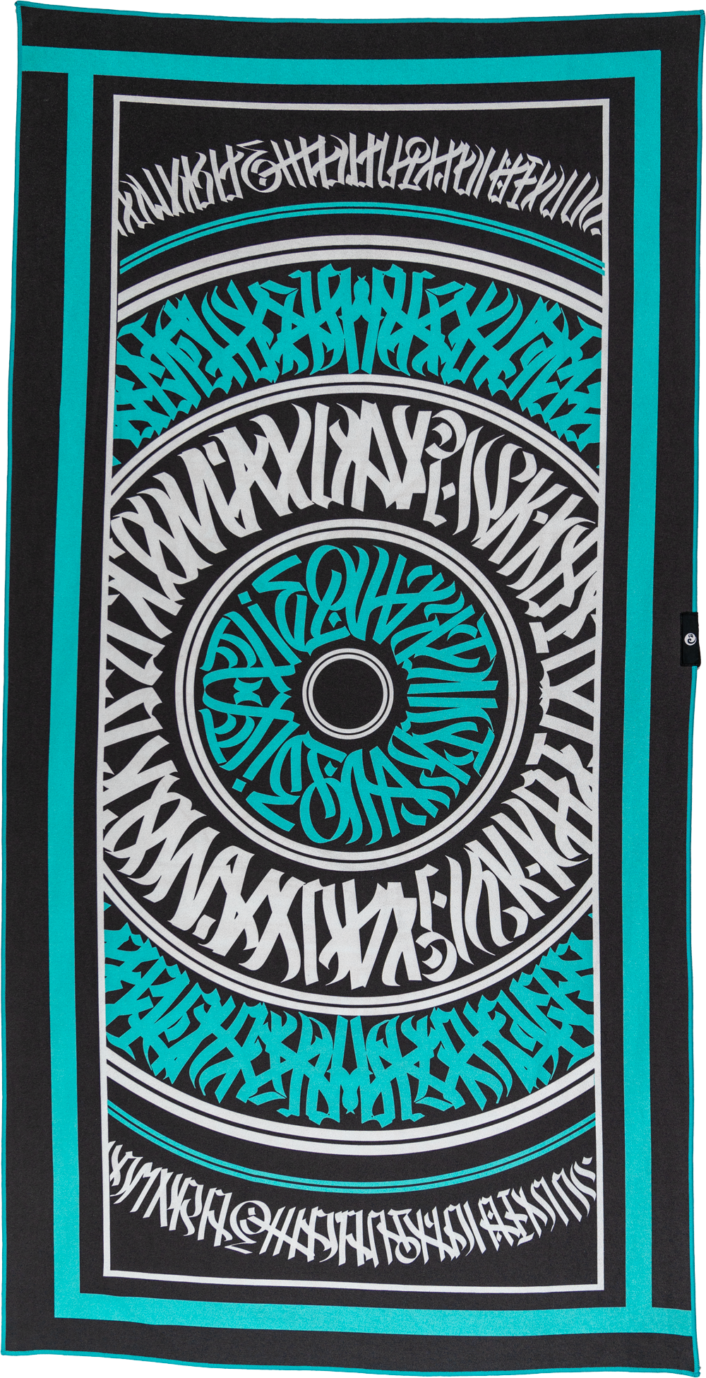 A beach towel with a bold graphic design featuring the phrase 'What's Good' in a spiral layout, predominantly in black and turquoise colors. Calligrafiti by Mari Montenero