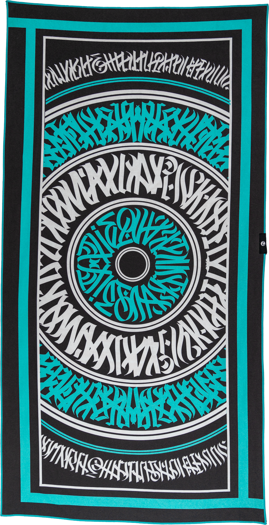 A beach towel with a bold graphic design featuring the phrase 'What's Good' in a spiral layout, predominantly in black and turquoise colors. Calligrafiti by Mari Montenero