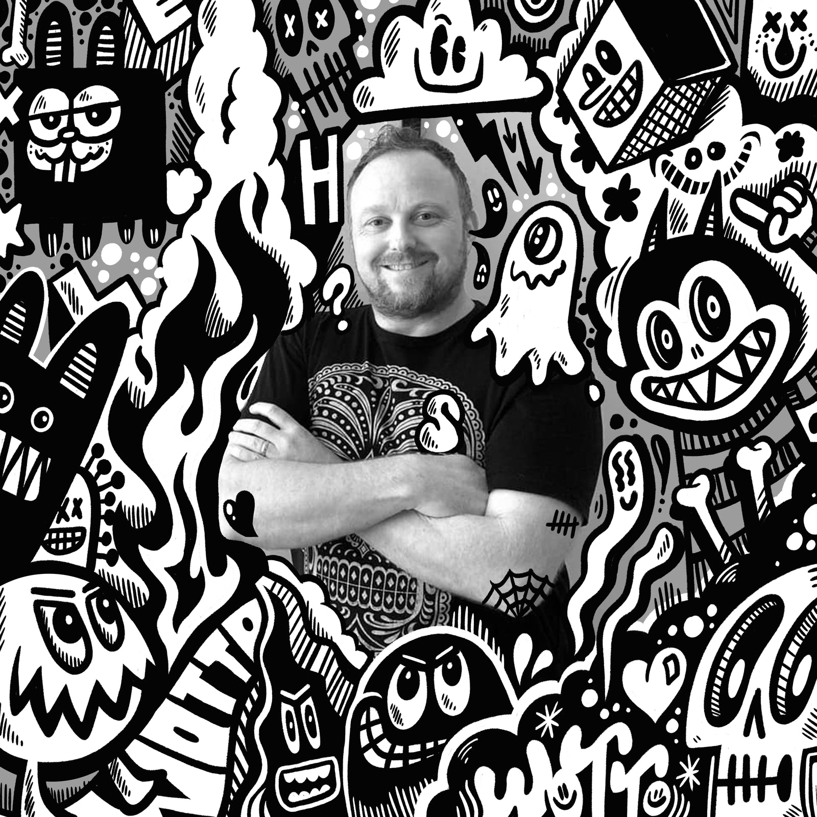 California artist Wotto surrounded by his illustrated characters