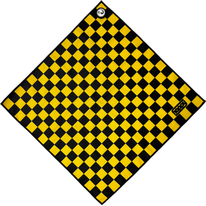 Checkered yellow and black Skateboarding towel with a Happy Faced logo on a transparent background