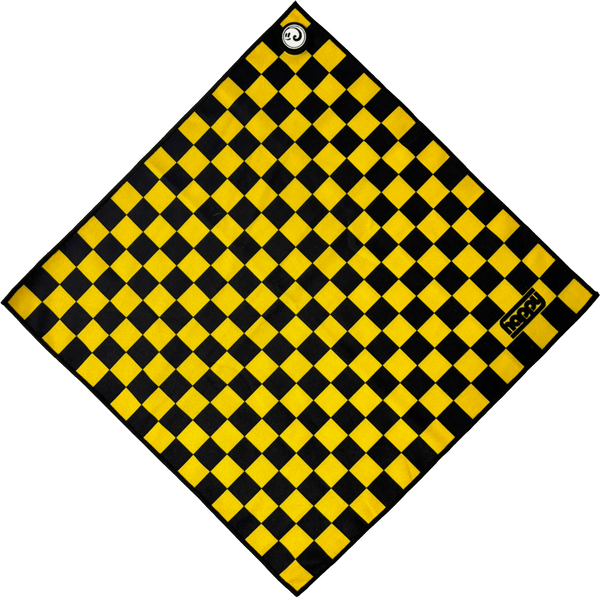 Checkered yellow and black Skateboarding towel with a Happy Faced logo on a transparent background