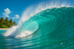 Turquoise wave crashing on a beach with palm trees in the background