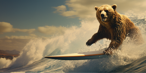 A bear is surfing in the ocean. It looks like a Brown Bear, in the world of Happy Faced even bears surf.