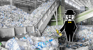 An image of a recycling plant, plastic bottles are everywhere, an image of the Happy Faced Charecter is superimposed holding a plastic water bottle. We recycle plastic to make Happy Faced Towels