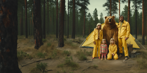 A family poses with a bear camping in the woods for Happy Faced Towels