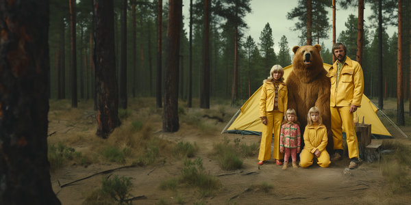 A family poses with a bear camping in the woods for Happy Faced Towels