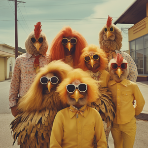 A group of chickens from the 70's dressed up as people they are wearing sunglasses and each has their own personality for Happy Faced Towels