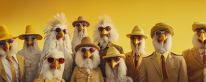 A group of chickens dressed up as people they are wearing sunglasses and each has their own personality for Happy Faced Towels