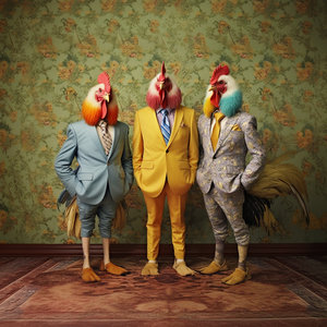 Happy Faced Towels Three chickens in suits, one blue, one yellow, one grey standing on an earth tone rug with floral green wallpaper behind them.