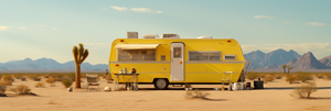 A butter yellow retro camper trailer with a white door, yellow and white striped overhang and camping table in front of it in the desert