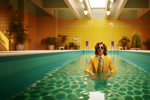 Happy Faced Towels A man standing in a swimming pool wearing a yellow suit and aviator glasses, an orange tie and yellow tiles behind him for Happy Faced Towels